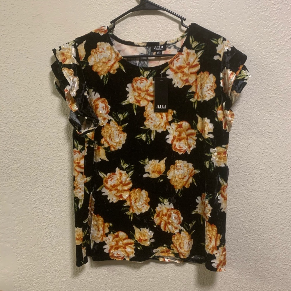 NWT, A.N.A. Velvet Floral Tee with Ruffle Sleeves